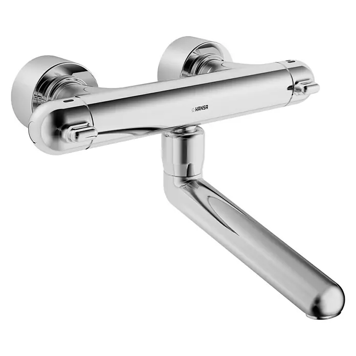 Hansa Medipro Spültischarmatur - Chrom, Glänzend - Nahaufnahme eines verchromten Hansa Waschtischarmatur mit klarem Design. Perfekt für ein modernes Badezimmer mit seiner eleganten Ausführung.