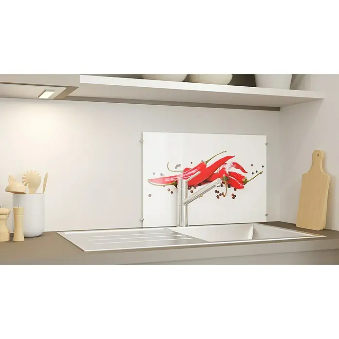 CUCINE KüchenrückwandFiery Chili & Pepper, 60 x 40 cm, Stärke: 6 mm, Einscheibensicherheitsglas (ESG) - Küchenspiegel mit scharfem Chili-Motiv. Der Spritzschutz mit den roten Chilischoten ist eine tolle Dekoration für jede Küche.
