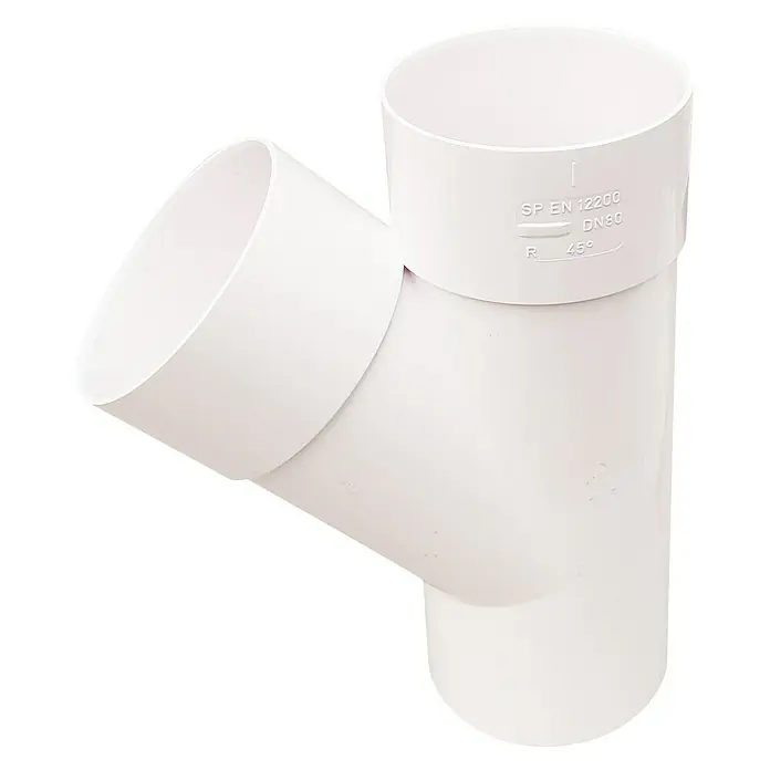 Dakota Conexión de salida del desagüe - 80 mm, 45 °, Blanco - Conexión en Y de PVC blanco para fontanería, con un ángulo de 45 grados para una fácil instalación y un rendimiento duradero.