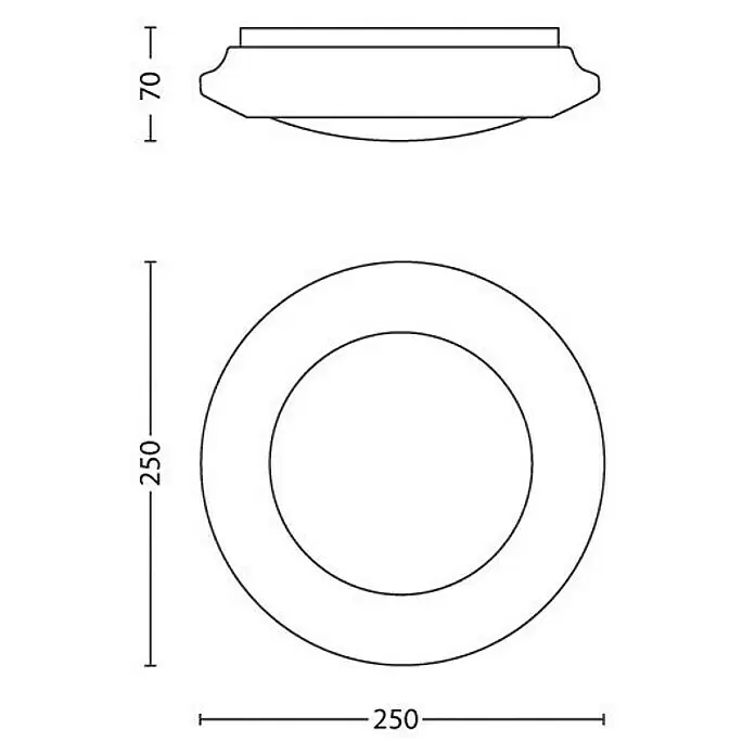 Philips LED-Deckenleuchte Cinnabar - 6 W, L x B x H: 25 x 25 x 7 cm, Weiß - Technische Zeichnung einer runden Einbauleuchte, 250 mm Durchmesser, 70 mm Höhe.