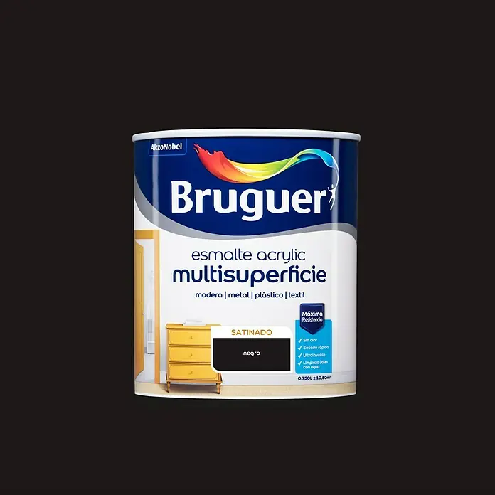 Bruguer Esmalte de color Acrylic Multisuperficie - Negro, Satinado, 750 ml, Base de agua - Bote de pintura acrílica Bruguer Multisuperficie en negro, ideal para madera, metal, plástico y textiles.