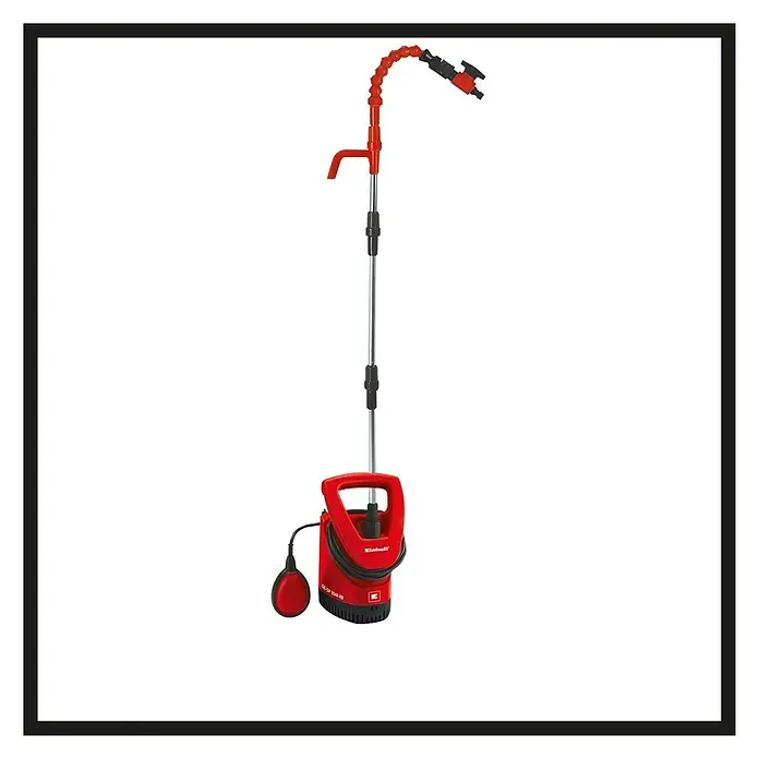 Einhell Regenfasspumpe GE-SP 3546 RB - Leistung: 350 W, Max. Fördermenge: 4.600 l/h - Abgebildet ist eine rote Einhell GC-SP 3580 RB Schmutzwasserpumpe mit Schwimmerschalter und Teleskoprohr zur Wasserableitung.