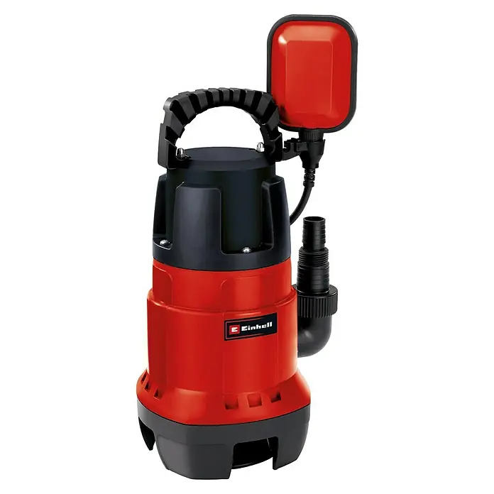 Einhell Schmutzwasserpumpe GC-DP 7835 - 780 W, Max. Fördermenge: 15.700 l/h, Eintauchtiefe: 7 m - Abbildung einer roten und schwarzen Einhell-Schmutzwasserpumpe mit Schwimmerschalter.