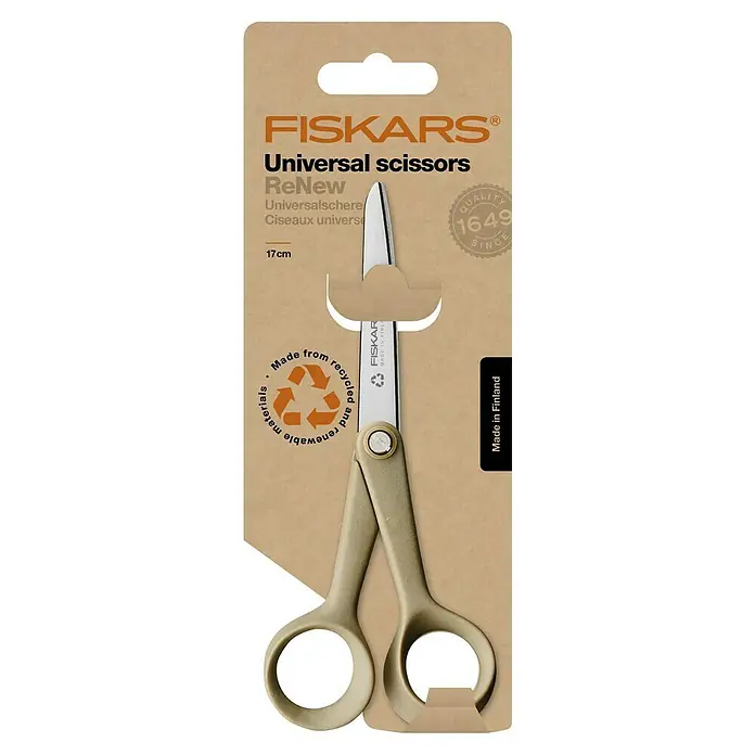 Fiskars Tijera universal multiusos ReNew - Longitud de corte: 17 cm, Acero inoxidable - Tijeras universales Fiskars ReNew, hechas de materiales reciclados, ideales para el uso diario. Las tijeras son duraderas y de larga duración.