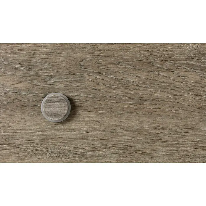Inofix Tope de puerta 2098 - Ø x Al: 46 x 18 mm, Olivo Mediterráneo - Primer plano de un tirador de madera para gabinete, mostrando su grano y forma redonda, ideal para diseños de muebles modernos.