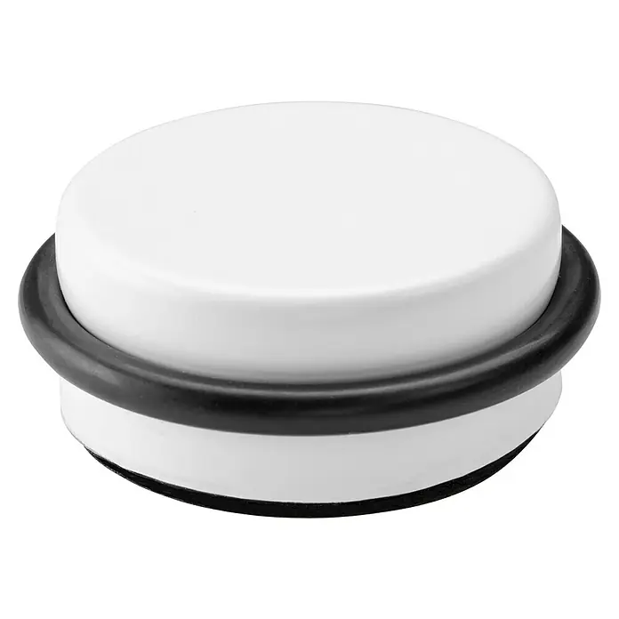 Inofix Tope de puerta 2098 - Ø x Al: 46 x 18 mm, Blanco - Primer plano de un tope de puerta redondo y blanco con un anillo de goma negro. Un accesorio útil y decorativo para cualquier hogar.