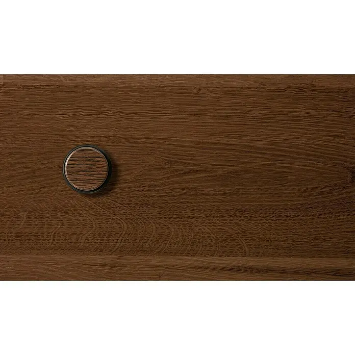 Inofix Tope de puerta 2098 - Ø x Al: 46 x 18 mm, Wengué - Primer plano de una superficie de madera con un pomo redondo de madera a juego, que proporciona un acento elegante y funcional.