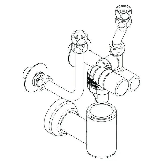 Thermoflow Sicherheitsgruppe - Ohne Druckminderer, Betriebsdruck: 6 bar - 10 bar - Eine detaillierte Strichzeichnung eines Wasserhahns mit mehreren Anschlüssen und einem zylindrischen Behälter darunter.