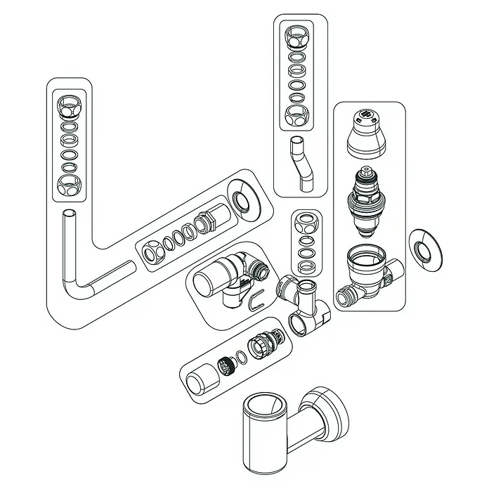 Thermoflow Sicherheitsgruppe - Mit Druckminderer, Betriebsdruck: 6 bar - 16 bar - Eine schematische Darstellung von Sanitärinstallationsteilen mit verschiedenen Rohren, Verbindungsstücken und Armaturen für den Badezimmerbereich.