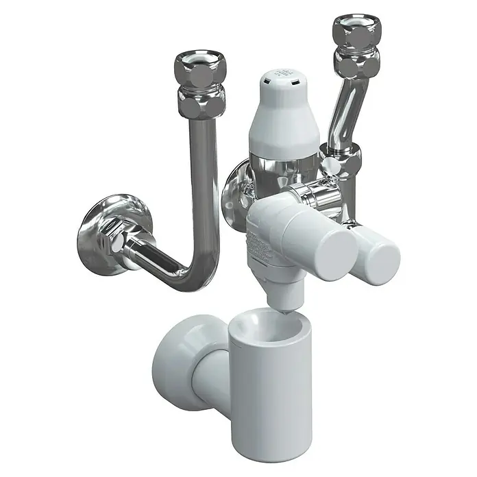 Thermoflow Sicherheitsgruppe - Mit Druckminderer, Betriebsdruck: 6 bar - 16 bar - Das Bild zeigt eine Spülarmatur mit einem polierten Chromfinish und einem weißen Spülkopf, die für eine hygienische Nutzung entwickelt wurde.
