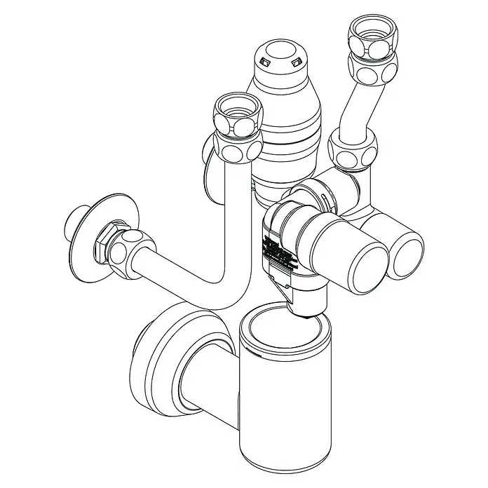 Thermoflow Sicherheitsgruppe - Mit Druckminderer, Betriebsdruck: 6 bar - 16 bar - Eine detaillierte Schwarz-Weiß-Zeichnung einer Armatur, die verschiedene Rohrleitungen und Verbindungselemente zeigt.