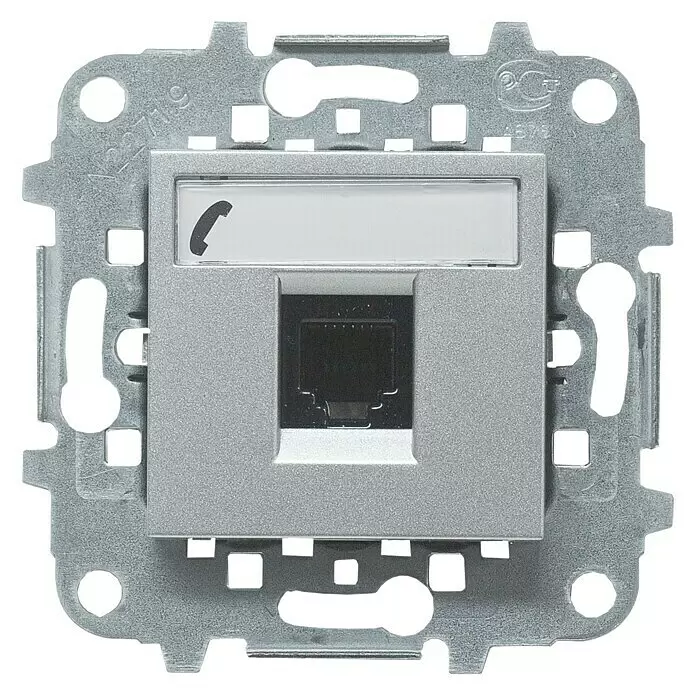 Niessen Zenit Toma de teléfono - Plateado - Inserto de pared gris plateado con puerto de red RJ45 y etiqueta con símbolo de teléfono.
