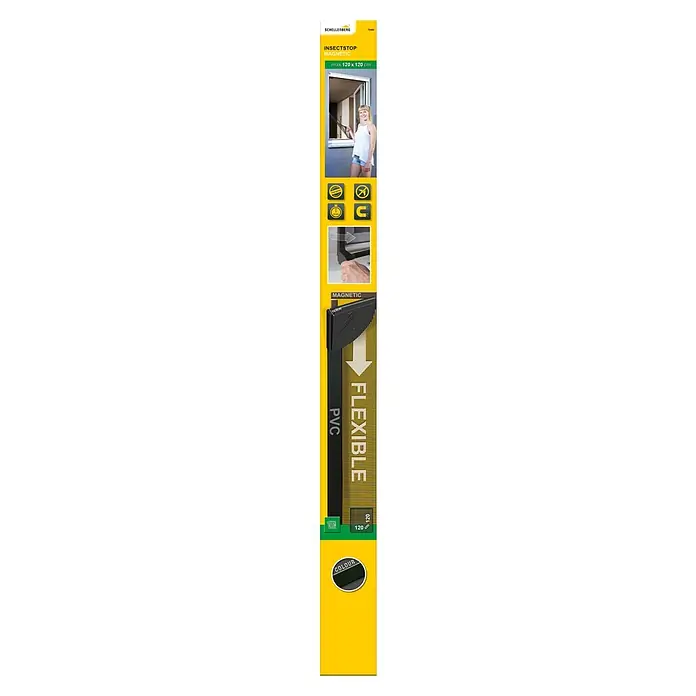 Schellenberg Insect Stop Mosquitera Flex - An x Al: 120 x 120 cm, Montaje de la mosquitera: Fijación magnética, Color bastidor: Antracita - Embalaje del producto para marco magnético de mosquitera Schellenberg en amarillo, verde y negro, que ofrece un marco flexible de PVC de 120 x 120 cm.
