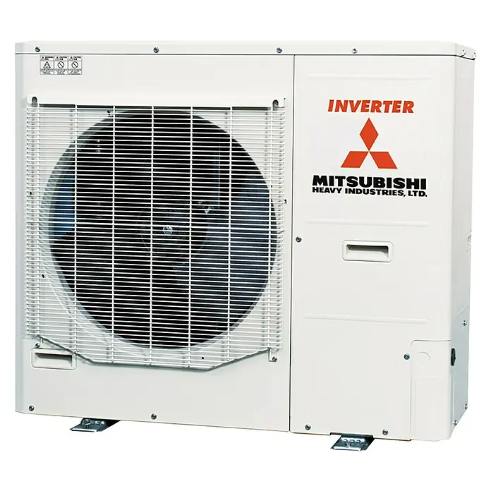 Mitsubishi Aire acondicionado por conductos FDUM100VHNP-W - 10.200 W, 10.400 W, 85 m², Gris - Unidad exterior de aire acondicionado Mitsubishi Heavy Industries con tecnología inverter. Se ve la rejilla del ventilador y el logotipo de la empresa.