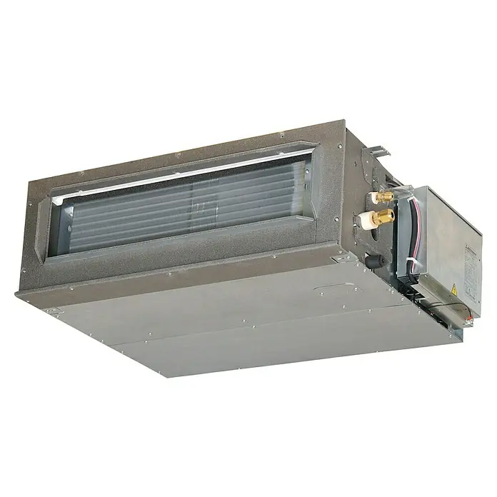 Mitsubishi Aire acondicionado por conductos FDUM100VHNP-W - 10.200 W, 10.400 W, 85 m², Gris - Toma de una unidad de aire acondicionado por conductos, proporcionando refrigeración y calefacción.