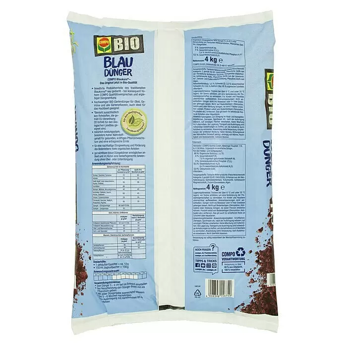 Compo Bio Blaukorn - 4 kg - Eine 4kg Packung blauer COMPO BIO BLAU DÜNGER NPK 8+4+8,5 Dünger mit sichtbaren braunen Granulat.