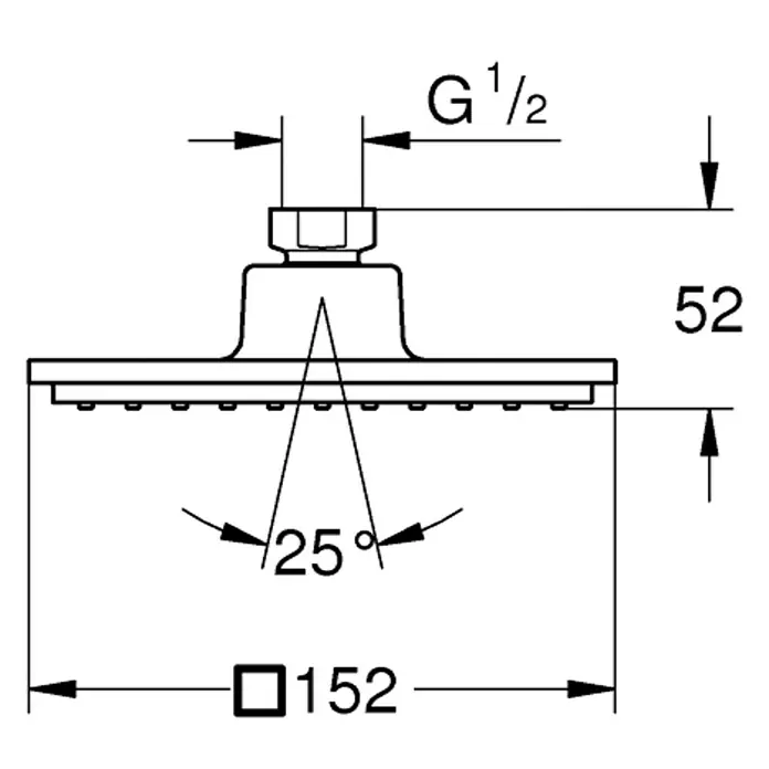 Grohe Euphoria Cube Kopfbrause 152 - 15,2 x 15,2 cm, 9,5 l/min, Chrom - Technische Zeichnung eines Duschkopfes mit Maßangaben, die seine Größe und Form verdeutlichen.\n