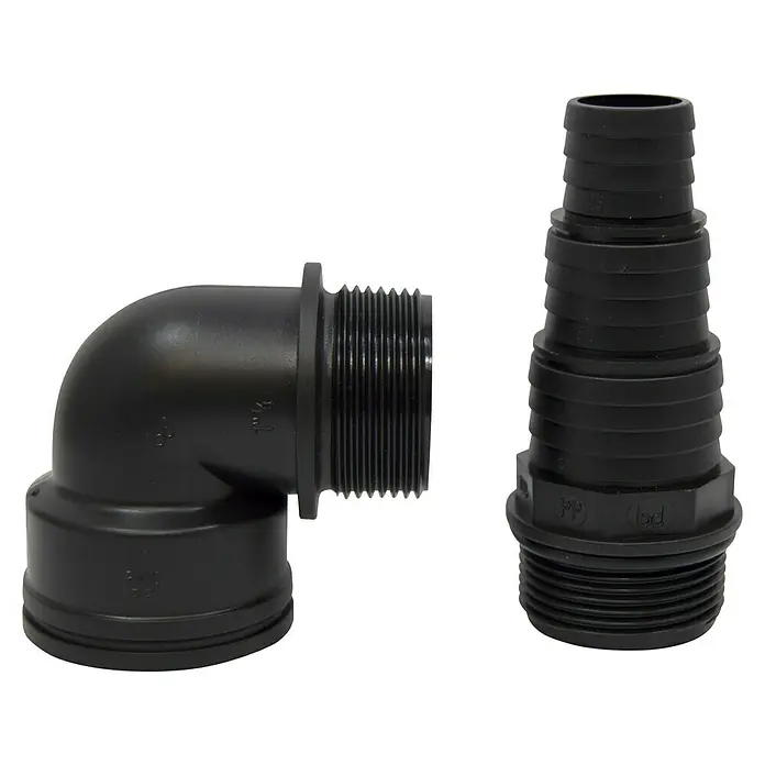 Codo de tubo 90º - Plástico - Codo de tubo de PVC negro roscado de 90 grados y un conector de manguera roscado.