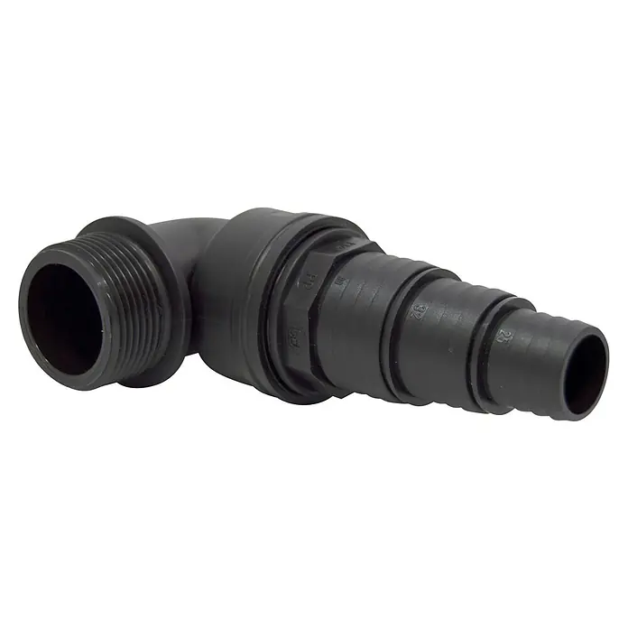 Codo de tubo 90º - Plástico - Conector de codo negro de plástico de 90 grados con extremos roscados y de manguera en varios tamaños.