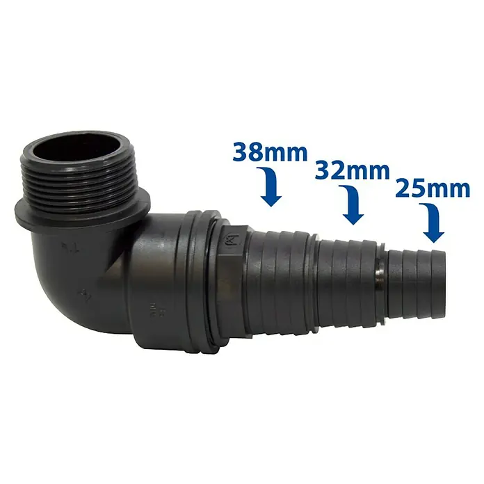 Codo de tubo 90º - Plástico - Codo de conexión de tubería de PVC negro con medidas de 38 mm, 32 mm y 25 mm, ideal para sistemas de fontanería y riego.