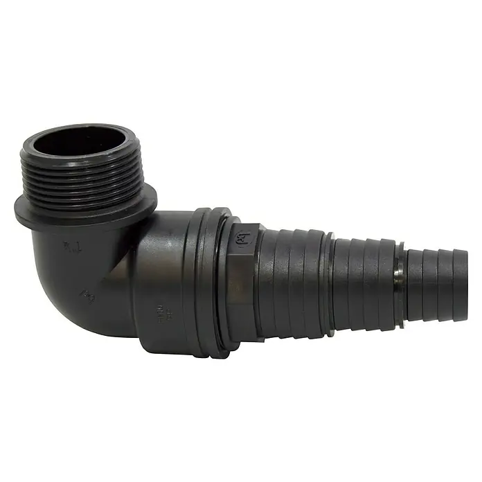 Codo de tubo 90º - Plástico - Racor de codo de 90 grados de PVC negro con extremo roscado y espiga para manguera, ideal para fontanería y proyectos industriales.