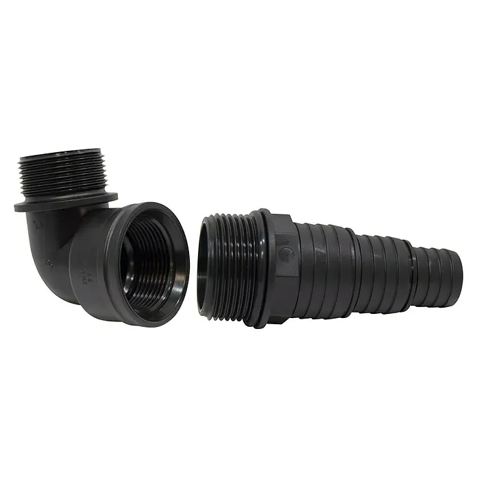 Codo de tubo 90º - Plástico - Accesorio de fontanería de plástico negro con roscas y conector en ángulo. Ideal para instalaciones de fontanería y tuberías de agua.