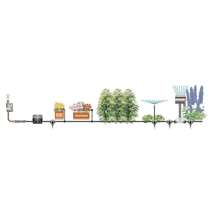 Gardena Micro-Drip Tropfrohr - Schlauchlänge: 25 m, 1,6 l/h - Das Bild zeigt ein automatisches Bewässerungssystem mit verschiedenen Pflanzen, das eine effiziente Gartenbewässerung ermöglicht.