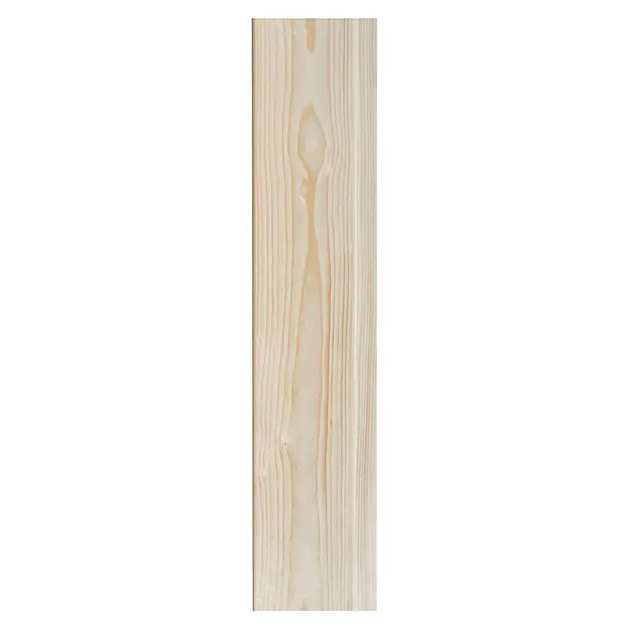 Profilholz - Fichte/Tanne, B-Sortierung, 300 x 12,1 x 1,4 cm - Nahaufnahme einer hellen Holzbohle mit markanter Maserung und Astloch. Ideal für rustikale Möbel oder Wandverkleidungen.