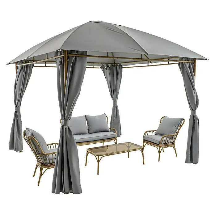 Sunfun Carpa con laterales Bali - An x Pr: 300 x 300 cm, Color del techo: Gris - Un elegante juego de muebles de jardín bajo un pabellón gris. El conjunto consta de un sofá, dos sillas y una mesa de centro con tapa de cristal.