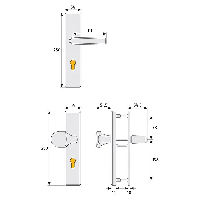 Abus Schutzbeschlag HLT612 - Hauseingangstür, Aluminium, Drücker beidseitig, Stärke Tür: 52 mm - 72 mm - Technische Zeichnung einer Türgarnitur mit Maßen.‎ Die Türdrücker sind detailliert dargestellt und bemaßt.