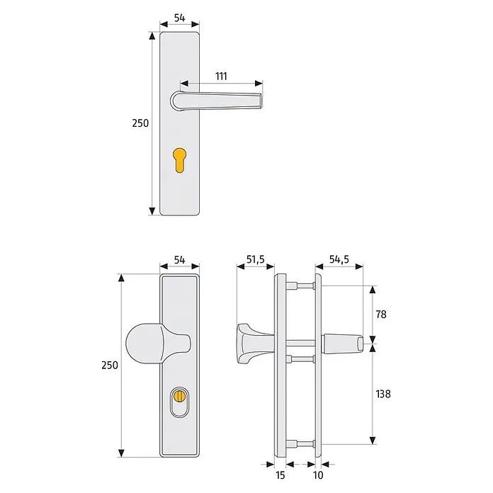 Abus Schutzbeschlag HLZS814 - Hauseingangstür, Neusilber, Drücker beidseitig, Stärke Tür: 52 mm - 72 mm - Darstellung eines Türdrückers mit Maßen, einschließlich Länge, Breite und Griffabstand, für technische Planungszwecke.