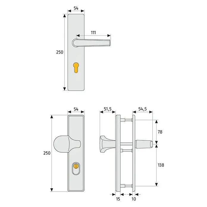 Abus Schutzbeschlag HLZS814 - Hauseingangstür, Neusilber, Drücker beidseitig, Stärke Tür: 52 mm - 72 mm - Darstellung eines Türdrückers mit Maßen, einschließlich Länge, Breite und Griffabstand, für technische Planungszwecke.