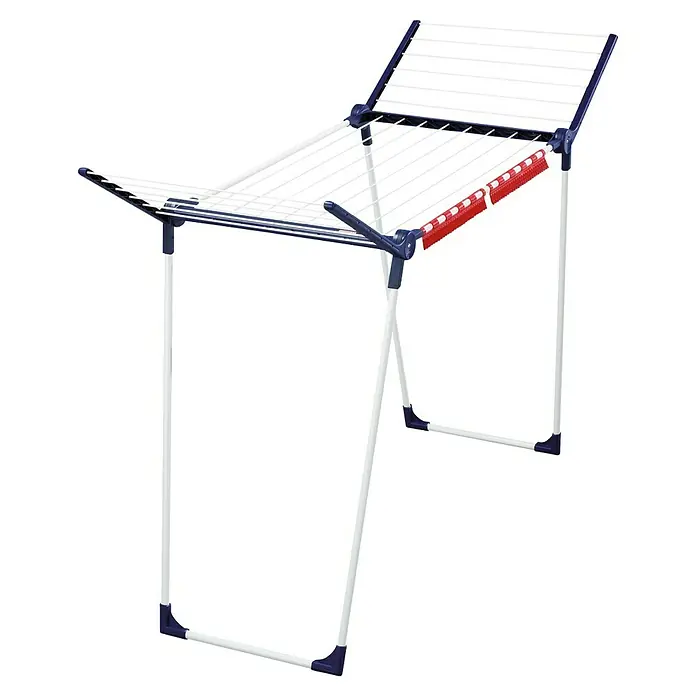 Leifheit Flügel-Wäscheständer Pegasus 150 Solid Slim - Länge Wäscheleine: 15 m, L x B x H: 87 x 55 x 157 cm, Weiß/Blau - Ein freistehender Wäscheständer mit weißem Gestell und blauen Akzenten, der zum Trocknen von Kleidung im Innenbereich geeignet ist.