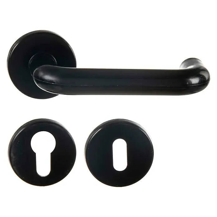 Conjunto de picaporte - Negro, Lacado, Plástico - Manija de puerta negra con rosetas para un diseño moderno y elegante, ideal para puertas interiores.