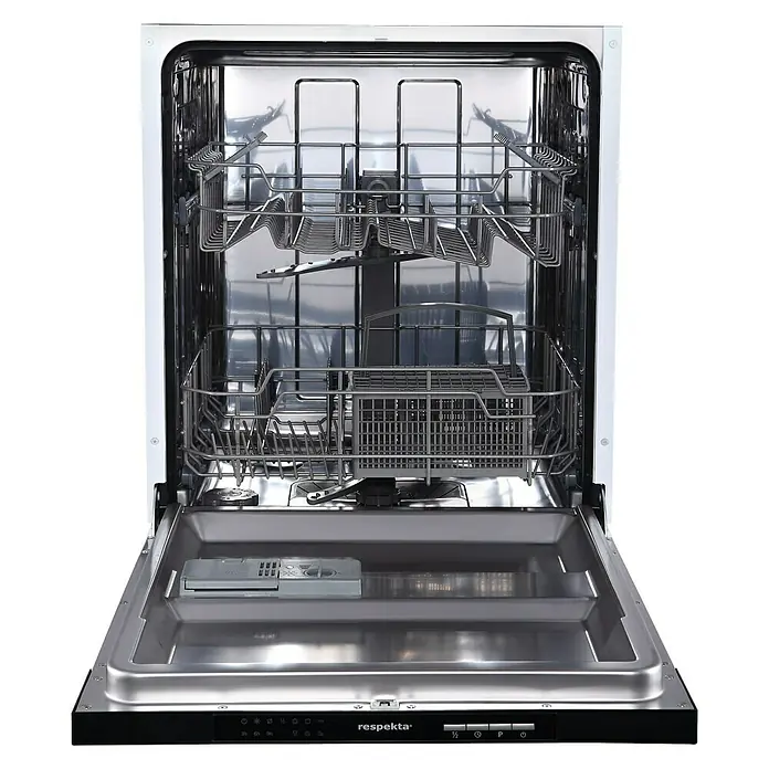 Respekta Premium Winkelküche RP290ESCBO - B x T: 290 x 200 cm, Schwarz, Mit Elektrogeräten - Offener Geschirrspüler der Marke Respekta, ausgestattet mit mehreren Racks, zur Aufnahme von Geschirr.