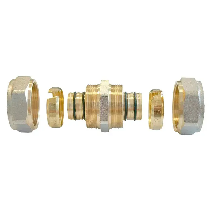 Isoltubex Manguito de compresión - Diámetro: 32 mm - La imagen muestra una vista explosionada de una conexión de tubo de latón, destacando sus componentes. Ideal para proyectos de fontanería.