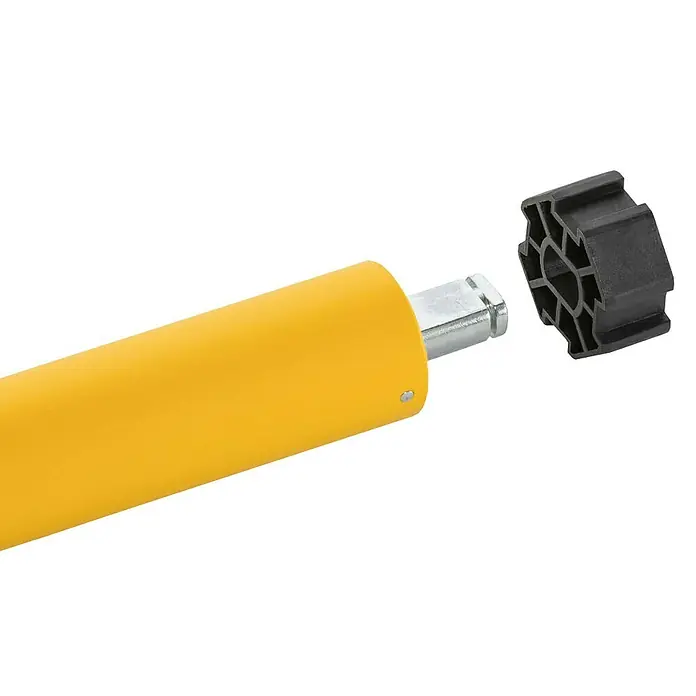 Schellenberg Funk-Rohrmotor Premium 6 MiniMax. Rollladenfläche: 4 m² bei Kunststoffrollläden, Einbaulänge: 570 mm, Zugkraft: 15 kg - Gelbe Stange mit schwarzem Endstück, das bereit zur Montage ist. Ideal für Bauprojekte und Reparaturen.