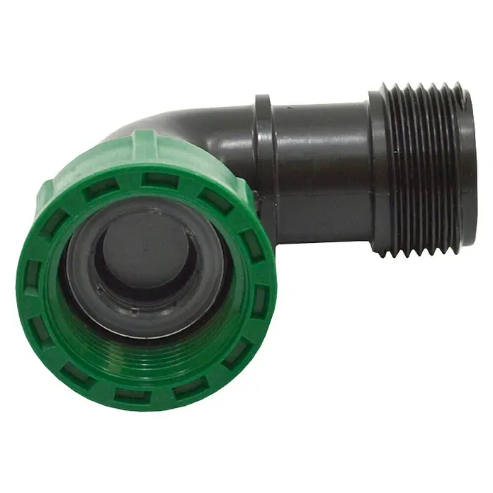Codo Electroválvula Macho Hembra - Plástico - Un accesorio de codo de 90 grados con una tuerca giratoria verde y un conector negro. Ideal para sistemas de riego y jardinería.