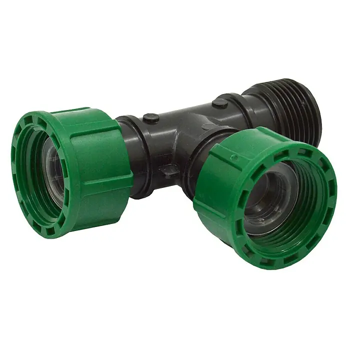 Codo Electroválvula Macho Hembra - 1″ - Un conector de tubería en T negro con conexiones verdes y un extremo roscado, adecuado para diversas aplicaciones de fontanería.
