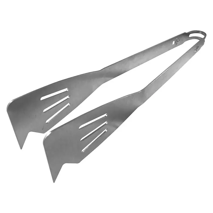 Remundi Grillzange - Länge: 40 cm - Nahaufnahme einer silbernen Grillzange mit Schlitzen an den Enden und einem schwarzen Hintergrund.