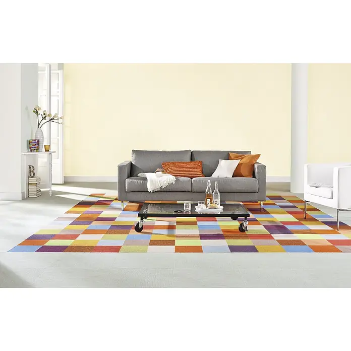 SCHÖNER WOHNEN-Farbe MyColour Wandfarbe - My Ivory, Matt, 10 l - Ein farbenfroher Patchwork-Teppich bringt Leben in jeden Raum. Der Teppich mit seinem geometrischen Muster ist ein echter Hingucker.