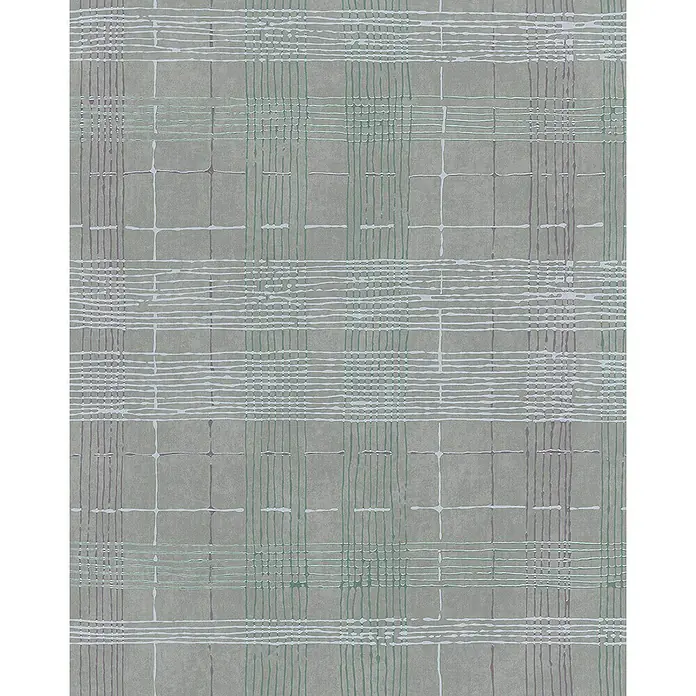 Marburg Casual Vliestapete Karrierte Linien - Grau/Braun, Streifen, 10,05 x 0,53 m - Grauer Stoff mit kariertem Muster, akzentuiert durch grüne, lila und weiße Linien, die ein modernes und stilvolles Design ergeben.