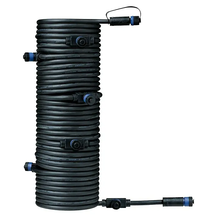 Paulmann Plug & Shine Verbindungskabel - 15 m, 7 Anschlüsse, IP68 - Aufgerollte schwarze Kabeltrommel mit blauen Anschlüssen für eine sichere und effiziente Stromversorgung.