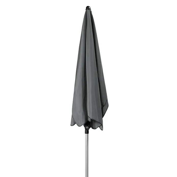 Doppler Marktschirm Active ParagonAnthrazit, L x B: 180 x 120 cm - Nahaufnahme eines geschlossenen, grauen Sonnenschirms mit silbernem Mast vor schwarzem Hintergrund. Perfekt für den Einsatz im Garten.