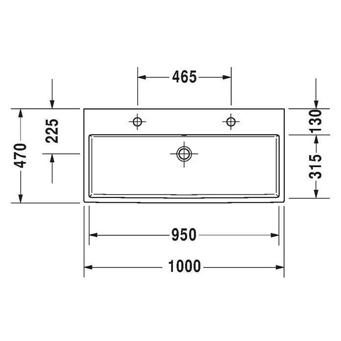 Duravit Vero Air Doppelwaschtisch - 100 x 47 cm, Ohne Spezialglasur, Hahnloch: Mitte, Mit Überlauf, Weiß, Geschliffen - Abbildung eines Waschtischs mit Maßangaben zu Länge, Breite und Positionen der Armaturen für eine Installationsanleitung.