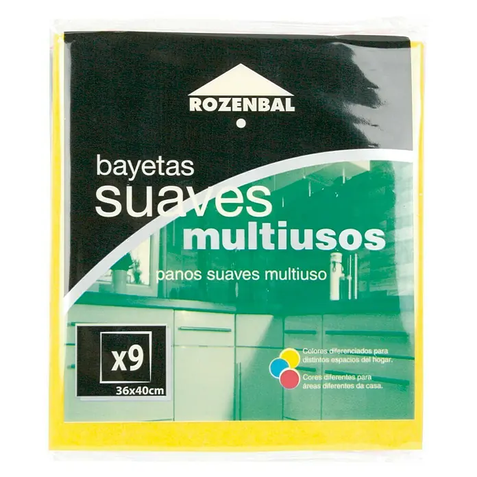 Rozenbal Bayetas suaves multiusos - An x L: 40 x 36 cm, 9 ud., Multicolor - Paquete de bayetas de limpieza Rozenbal. El paquete contiene 9 bayetas suaves multiuso de tamaño 36x40cm para diferentes áreas del hogar.