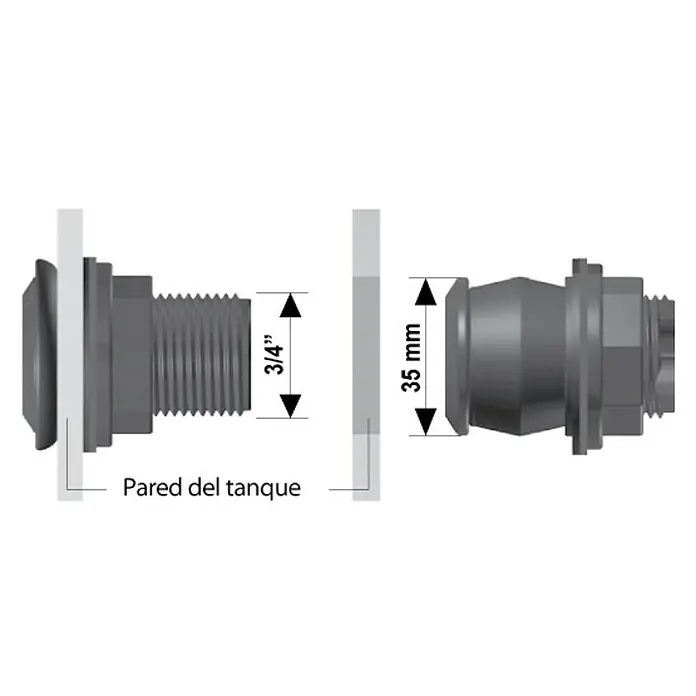Conexión para depósito Rápido - ¾″, Polietileno - Diagrama de un conector de tanque, que muestra sus dimensiones y ensamblaje, útil para comprender las especificaciones.