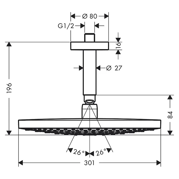 Hansgrohe Raindance Select Kopfbrausen-Set Raindance Select S 300 - Durchmesser: 30 cm, 17 l/min, Deckenmontage, Chrom - Abbildung einer Kopfbrause mit Maßangaben zu Durchmesser, Höhe und Anschluss. Die Skizze zeigt Details für Installation und Design.