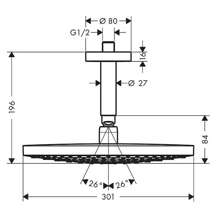 Hansgrohe Kopfbrausen-Set Raindance Select S 300 - Durchmesser: 30 cm, 17 l/min, Deckenmontage, Chrom - Abbildung einer Kopfbrause mit Maßangaben zu Durchmesser, Höhe und Anschluss. Die Skizze zeigt Details für Installation und Design.