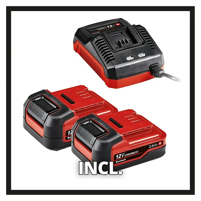 Einhell Akku-Schlagbohrschrauber TE-CD 12/1 Li-i - 12 V, 2 Akkus, 2 Ah, 24 Nm - Ein Einhell 12V Power X-Change Akku-Set mit Ladegerät und zwei 2.0Ah Akkus, ideal für verschiedene Werkzeuge.